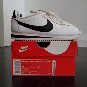Nike | Woman's 5 | Classic Cortez Leather Sneaker | Black & White
